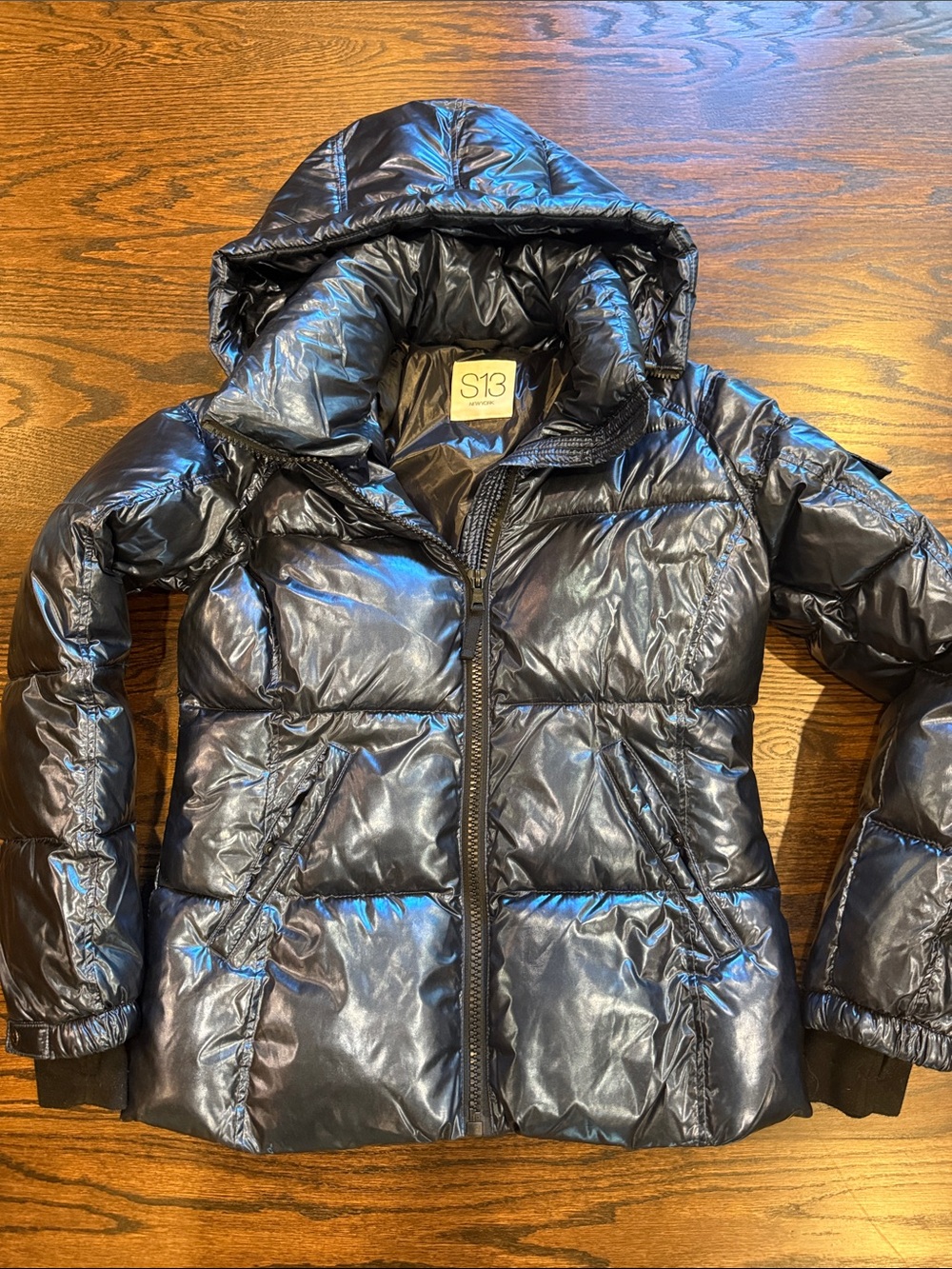 S13 Kylie Metallic Navy Puffer Coat Size L